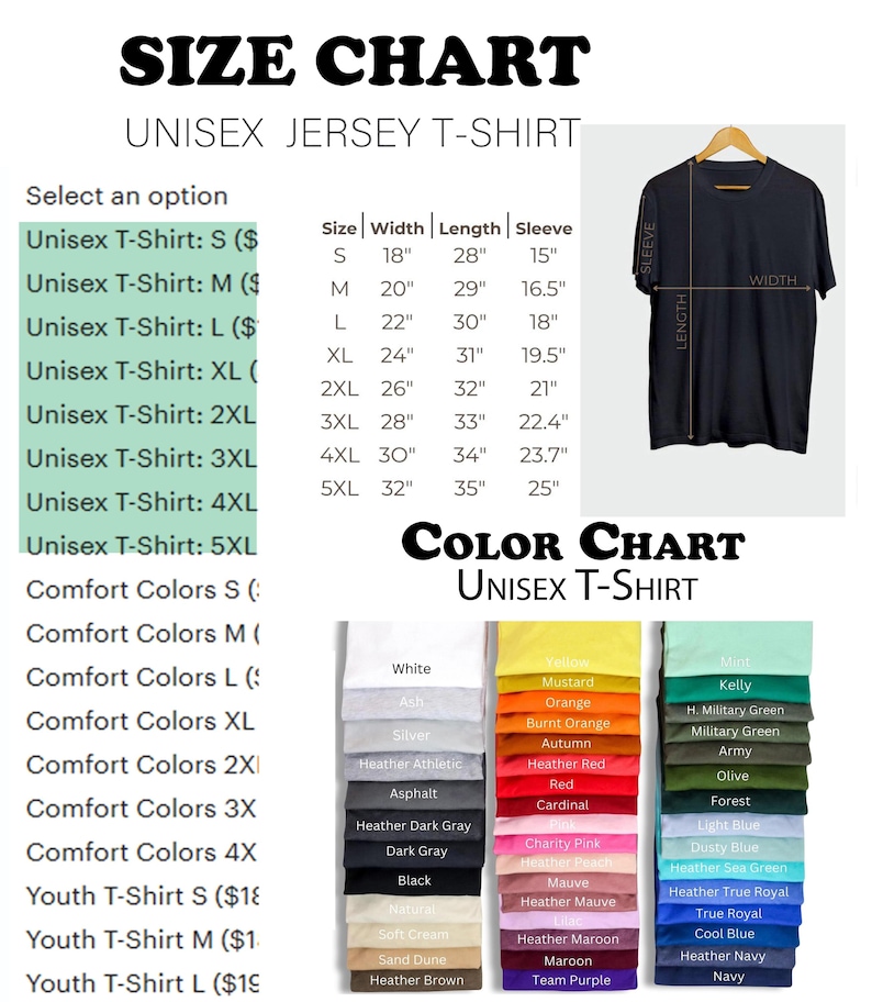 K&ouml;nnte beinhalten: Gr&ouml;&szlig;en- und Farbtabelle f&uuml;r ein Unisex-Jersey-T-Shirt. Die Tabelle enth&auml;lt die Gr&ouml;&szlig;en S bis 5XL, mit Ma&szlig;en in Zoll f&uuml;r Breite, L&auml;nge und &Auml;rmell&auml;nge. Eine Farbtabelle zeigt verschiedene Optionen, darunter Wei&szlig;, Schwarz und Marineblau.