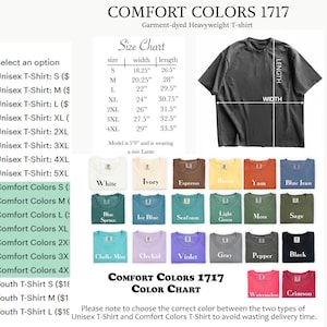 K&ouml;nnte beinhalten: Eine Farbkarte f&uuml;r Comfort Colors 1717, ein schweres, gef&auml;rbtes T-Shirt. Die Karte zeigt verschiedene Farben, darunter Wei&szlig;, Elfenbein, Espresso und Blue Jean. Eine Gr&ouml;&szlig;entabelle mit Ma&szlig;en in cm ist ebenfalls enthalten. Der Text "COMFORT COLORS 1717 COLOR CHART" wird angezeigt.
