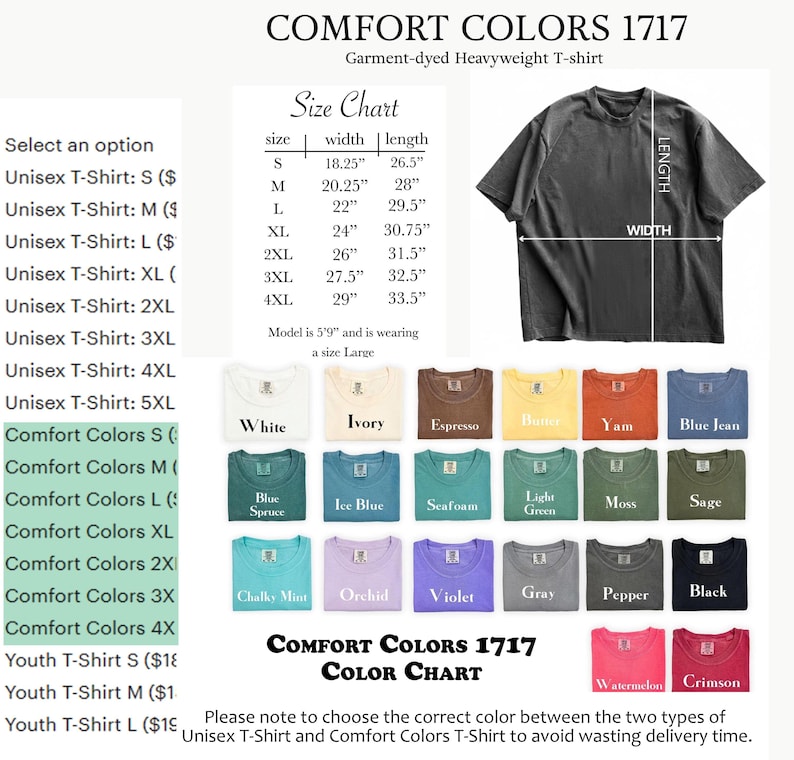 K&ouml;nnte beinhalten: Eine Farbkarte f&uuml;r Comfort Colors 1717, ein schweres, gef&auml;rbtes T-Shirt. Die Karte zeigt verschiedene Farben, darunter Wei&szlig;, Elfenbein, Espresso und Blue Jean. Eine Gr&ouml;&szlig;entabelle mit Ma&szlig;en in cm ist ebenfalls enthalten. Der Text "COMFORT COLORS 1717 COLOR CHART" wird angezeigt.