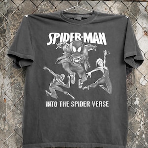 May include: Dark gray t-shirt featuring the words "SPIDER-MAN" above a graphic of Spider-Man and two other Spider-Verse characters. The text "INTO THE SPIDER VERSE" is printed below the graphic.