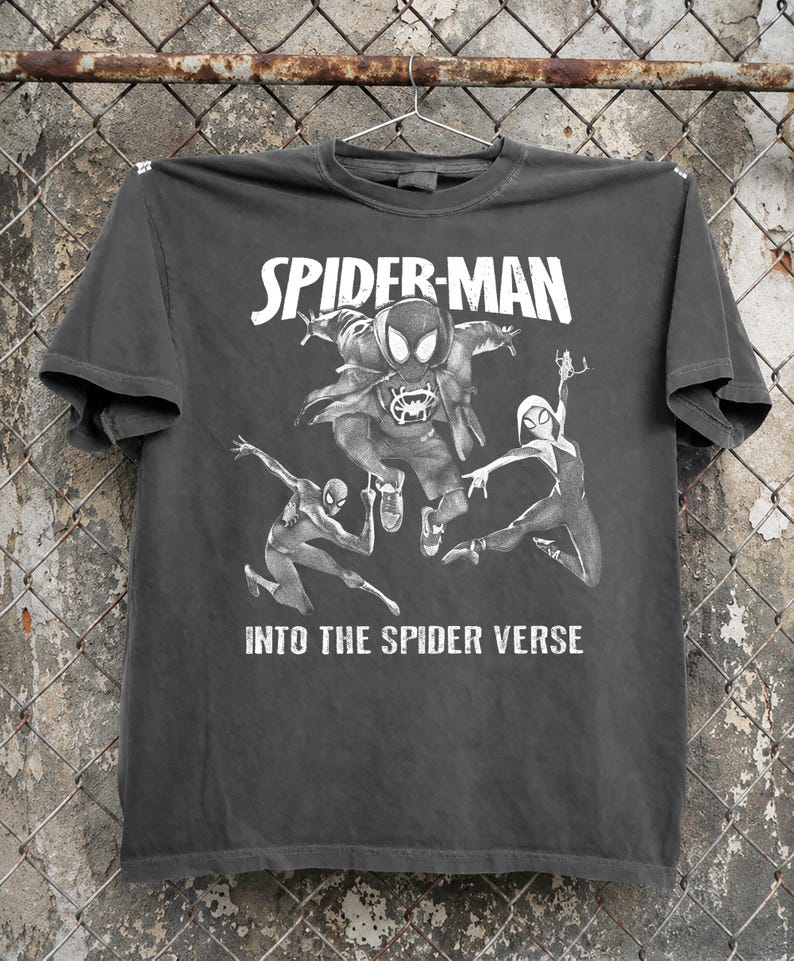 May include: Dark gray t-shirt featuring the words "SPIDER-MAN" above a graphic of Spider-Man and two other Spider-Verse characters. The text "INTO THE SPIDER VERSE" is printed below the graphic.