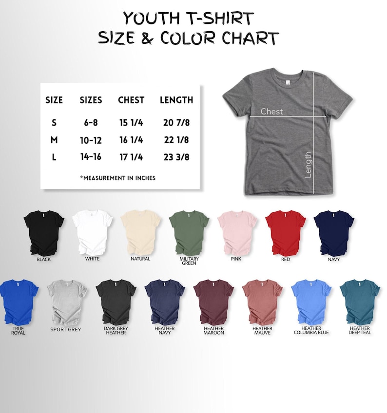 K&ouml;nnte beinhalten: Eine Gr&ouml;&szlig;entabelle und Farbtabelle f&uuml;r Kinder-T-Shirts. Die Tabelle enth&auml;lt die Gr&ouml;&szlig;en S, M und L mit Brustma&szlig;en von 38,7, 41,3 und 43,8 cm und L&auml;ngen von 53,0, 56,2 und 59,4 cm. Farben sind Schwarz, Wei&szlig;, Natur, Milit&auml;rgr&uuml;n, Pink, Rot, Marine, K&ouml;nigsblau, Sportgrau, Dunkelgrau-Melange, Marine-Melange, Bordeaux-Melange, Mauve-Melange, Columbia-Blau-Melange und Tiefseegr&uuml;n-Melange.