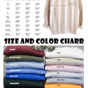 K&ouml;nnte beinhalten: Ein beiges Gildan 18000 Unisex-Sweatshirt mit Gr&ouml;&szlig;en-, Breiten-, L&auml;ngen- und &Auml;rmelma&szlig;en. Die Gr&ouml;&szlig;entabelle zeigt Ma&szlig;e von S bis 5XL. Eine Farbtabelle zeigt verschiedene Sweatshirtfarben, darunter Burgunderrot, Marineblau und Wei&szlig;.