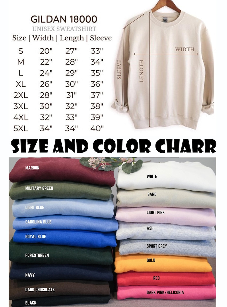 K&ouml;nnte beinhalten: Ein beiges Gildan 18000 Unisex-Sweatshirt mit Gr&ouml;&szlig;en-, Breiten-, L&auml;ngen- und &Auml;rmelma&szlig;en. Die Gr&ouml;&szlig;entabelle zeigt Ma&szlig;e von S bis 5XL. Eine Farbtabelle zeigt verschiedene Sweatshirtfarben, darunter Burgunderrot, Marineblau und Wei&szlig;.