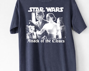 Vintage Star Wars Attack of the Clones Shirt, Comfort Colors Anakin Skywalker Padme Amidala Graphic Tshirt, Space Sci-Fi Movie Poster Gift