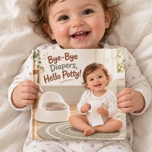 May include: A hardcover children's book titled Bye-Bye Diapers, Hello Potty! featuring a cover illustration of a toddler sitting on a rug with a white potty and a roll of toilet paper. The book cover has a light background with brown text.