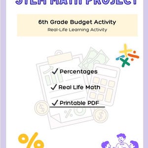 May include: A STEM Math Project graphic with the title "STEM MATH PROJECT" in blue bubble letters. The image includes a checklist with "Percentages", "Real Life Math", and "Printable PDF". A calculator, money, and a group of people are also shown.