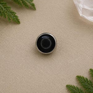 Puede incluir: Un botón redondo negro con un borde plateado. El botón está centrado, con hojas verdes de helecho y un cristal transparente en el fondo. Diseño simple y elegante.