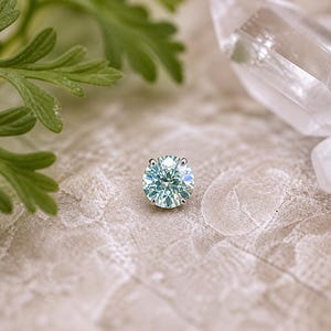 May include: A single, round, light blue gemstone earring with a prong setting. The gemstone is centered on a textured, light-colored surface, with green foliage and a clear crystal in the background. The earring is a jewelry item.