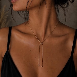 Adjustable Gold Plated Snake Chain Lariat Necklace, Minimalist Y Pendant Jewelry