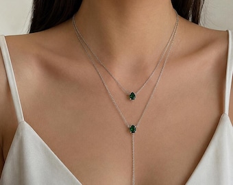 18K Gold Plated Green Teardrop Lariat, Emerald Crystal Layered Y Pendant, Adjustable Silver Jewelry, Minimalist Bridesmaid Gift for Her