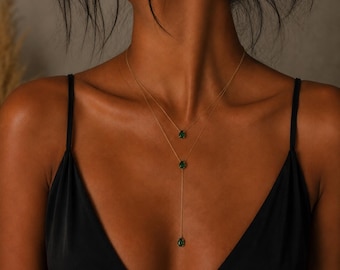Emerald Green Teardrop Layered Y Necklace, 18K Gold Plated Stainless Steel Lariat Necklace, Double Layer Dainty Jewelry Gift for Her