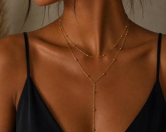 Layered Beaded Y Lariat, 18K Gold Plated Stainless Steel, Adjustable Minimalist Gift for Women