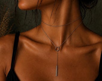 Silver Lariat with Ring & Bar Pendant, Minimalist Y Chain, Long Drop Jewelry