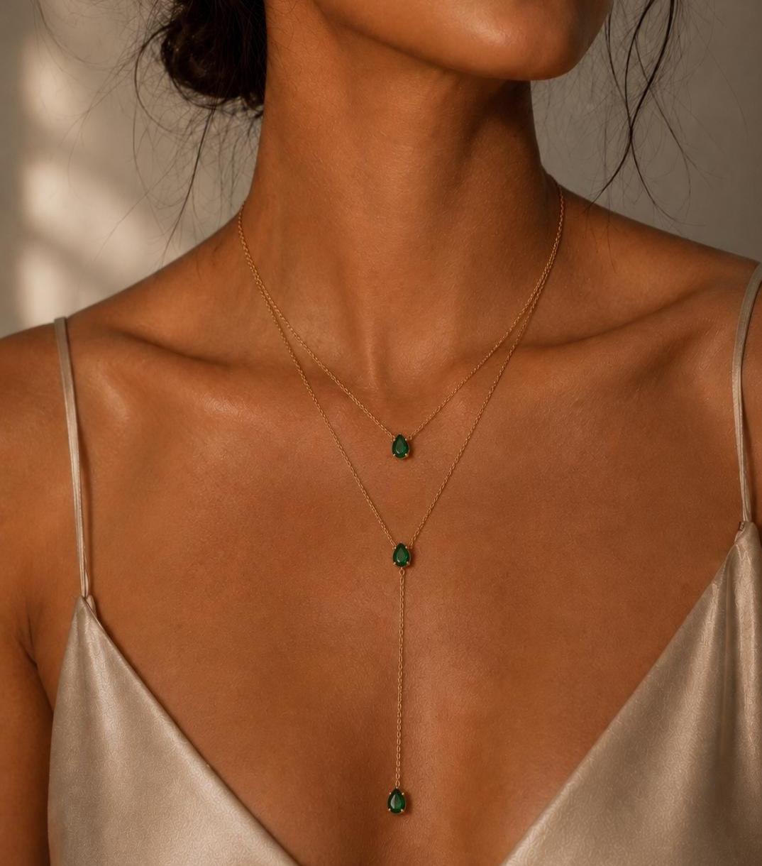 Emerald Green Teardrop Y Necklace, 18K Gold Plated Stainless Steel, Dainty Layered Jewelry