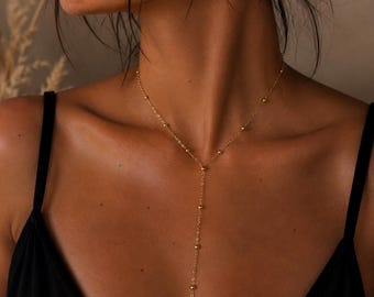 18K Gold Plated Y Necklace • Minimalist Lariat Chain with Beaded Drop