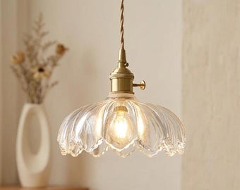 Vintage Scalloped Glass Pendant Light, Brass Accents, Cottagecore Kitchen Fixture