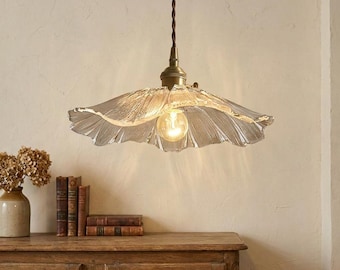 Ginkgo Leaf Glass Pendant Light, Vintage Brass Hanging Lamp, Nature Inspired Ceiling Fixture