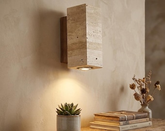 Modern Travertine Wall Sconce, Minimalist Stone Wall Light, Rustic Luxury Bathroom Vanity Light, Scandinavian Wall Lamp