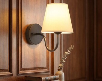 Modern Brass Wall Sconce, Fabric Shade Lamp, Minimalist Bedroom Lighting, Ambient Home Décor