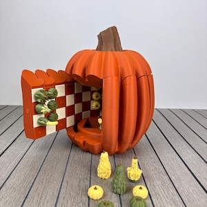 May include: A 3D-printed orange pumpkin-shaped container with a brown stem and an open door revealing a white and orange checkered interior. Several small, miniature decorative gourds in yellow and green are attached to the door and scattered.