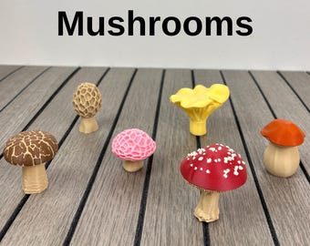 May include: A collection of six small magnetic mushrooms in various shapes and colours, including a brown textured cap, a tan honeycomb morel, a pink textured cap, a yellow ruffled cap, a red cap with white spots, and an orange cap.