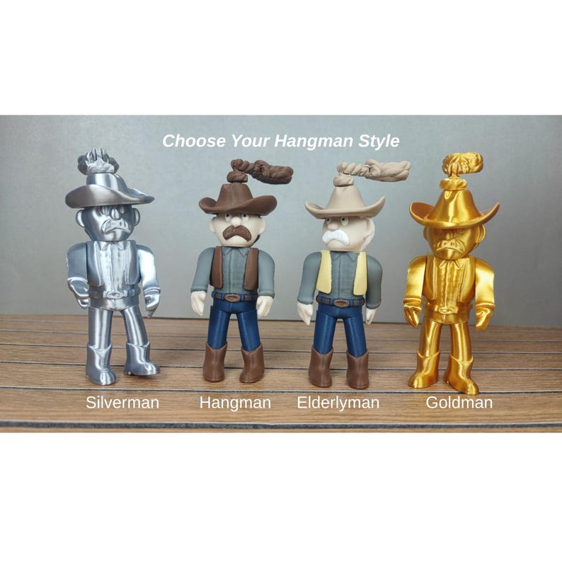 May include: Four cowboy figurines in silver, brown, tan, and gold. Each figure wears a hat and boots, with the text "Choose Your Hangman Style" above. The figures are labelled "Silverman", "Hangman", "Elderlyman", and "Goldman".