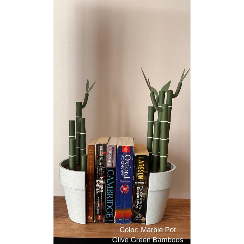 May include: A pair of marble pots holding olive green bamboo stalks, flanking a row of books. The books include titles like "The Hunger Games" and "Oxford Wordpower." The bamboo has white accents.