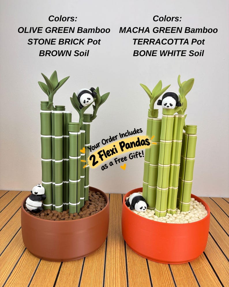 May include: Two decorative bamboo plant sets with panda figures. The left set features olive green bamboo in a stone brick pot with brown soil. The right set has matcha green bamboo in a terracotta pot with bone white soil. Text reads: Your Order Includes 2 Flexi Pandas as a Free Gift!