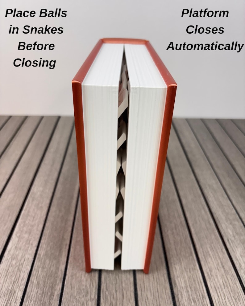 May include: A vertical orange and white object with a central opening containing white snake-like structures. The text "Place Balls in Snakes Before Closing" appears on the left, and "Platform Closes Automatically" appears on the right.