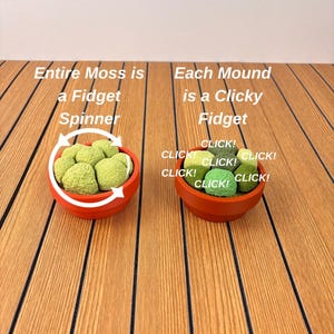 Puede incluir: Dos macetas de color terracota que contienen mont&iacute;culos texturizados de color verde musgo. La maceta izquierda presenta una flecha circular blanca con el texto Entire Moss is a Fidget Spinner. La derecha tiene el texto Each Mound is a Clicky Fidget con la palabra CLICK! repetida.