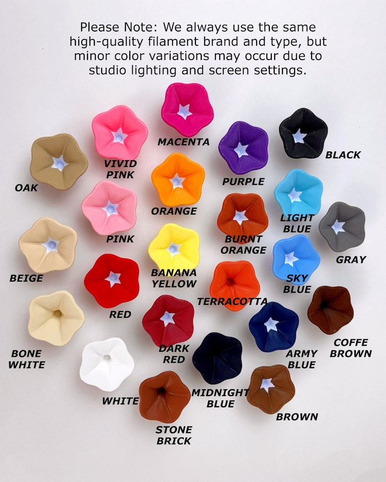 May include: A collection of twenty-four flower-shaped hair clips in various colors including magenta, vivid pink, orange, purple, black, oak, pink, burnt orange, light blue, gray, beige, banana yellow, sky blue, red, terracotta, dark red, navy, coffee brown, white, bone white, midnight blue, stone brick, and brown.