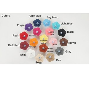 May include: A collection of flower-shaped objects in various colors, including purple, red, and orange. The image includes a color chart with labels such as "Army Blue," "Sky Blue," and "Banana Yellow."