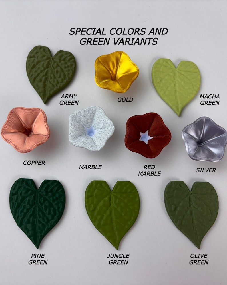 May include: A collection of leaf and flower-shaped objects labeled SPECIAL COLORS AND GREEN VARIANTS. Colors include army green, gold, macha green, copper, marble, red marble, silver, pine green, jungle green, and olive green.