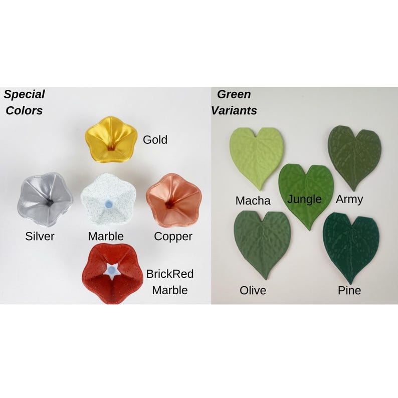 May include: An image showcasing a variety of decorative floral elements and leaf shapes. The flowers come in gold, silver, marble, copper, and brick-red marble. The leaves are in shades of green, labeled Macha, Jungle, Army, Olive, and Pine.