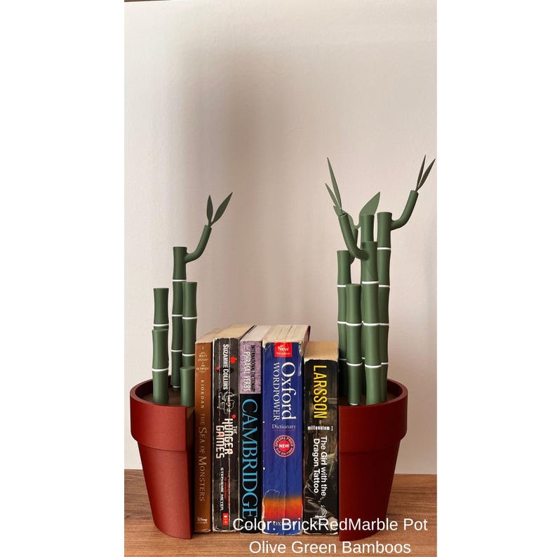 May include: A brick red pot holds olive green bamboo stalks with white accents, positioned between a row of books. The books have various titles and colors. The pot is on a wooden surface.