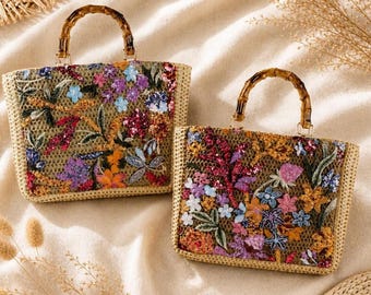Embroidered Straw Beach Bag Large Capacity Woven Tote Bamboo Handle
