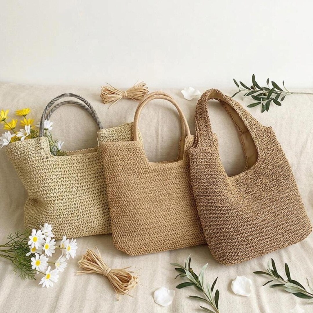 Boho Raffia Rattan Shoulder Bag Vintage Woven Beach Tote Summer Travel ...