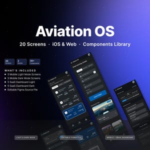 Peut inclure: Concept de design Aviation OS avec 20 écrans, compatibilité iOS et Web, et une bibliothèque de composants. L'image présente des écrans d'applications mobiles en modes clair et sombre, y compris un tableau de bord SaaS. La conception comprend un fichier source Figma modifiable.