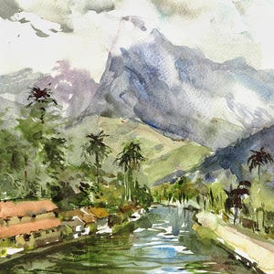 May include: Watercolor painting of a river flowing through a lush green valley with palm trees and a mountain range in the background. The sky is cloudy and the water is reflecting the light.