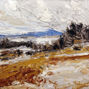 May include: A painting of a landscape with a blue sky and white clouds. The foreground is a field of brown and white, with a line of trees in the background. The painting is done in a thick, impasto style.