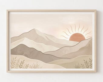 Minimalist Mountain Sunset Print, Neutral Beige Boho Landscape Wall Art (Digital Download)