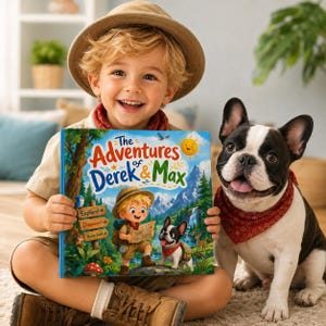May include: A children's picture book titled The Adventures of Derek & Max, featuring a colorful cover illustration of a young explorer and a French Bulldog in a forest setting, with the text Explore!, Discover!, and Have Fun! on a signpost.