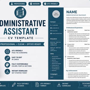 Op de afbeelding: Een professionele cv-sjabloon voor een administratief assistent, met een strak, modern ontwerp. De sjabloon bevat secties voor contactgegevens, professionele ervaring, opleiding en vaardigheden. ATS-vriendelijk en gemakkelijk te bewerken.