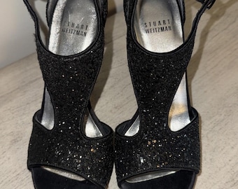 Stuart Weitzman 'Loverly' T-Strap Black Glitter Dress Shoe Size US 8M