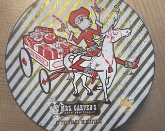 vintage Mrs. Carvers, gâteau aux fruits rond Rodeo Père Noël et chariot Tex Kringle
