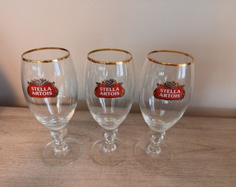 Copas de cerveza Stella Artois belgas vintage, cáliz de 40 cl con borde dorado, trío.