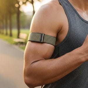 Peut inclure: Une personne portant un débardeur gris et un brassard vert olive court en plein air. Le brassard est fixé autour du haut du bras. L'arrière-plan montre un parc avec des arbres et un sentier.