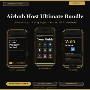 Op de afbeelding: Een afbeelding van een Airbnb Host Ultimate Bundle op een zwarte achtergrond. De afbeelding toont drie smartphone-mockups met gouden frames. De tekst bevat "Airbnb Host Ultimate Bundle", "Interactive" en "5 Languages."