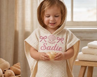 Toalha de praia infantil personalizada com nome, toalha de praia com capuz bordada para bebê, toalha de banho de algodão, presente para chá de bebê, toalha waffle, presente de praia para bebê